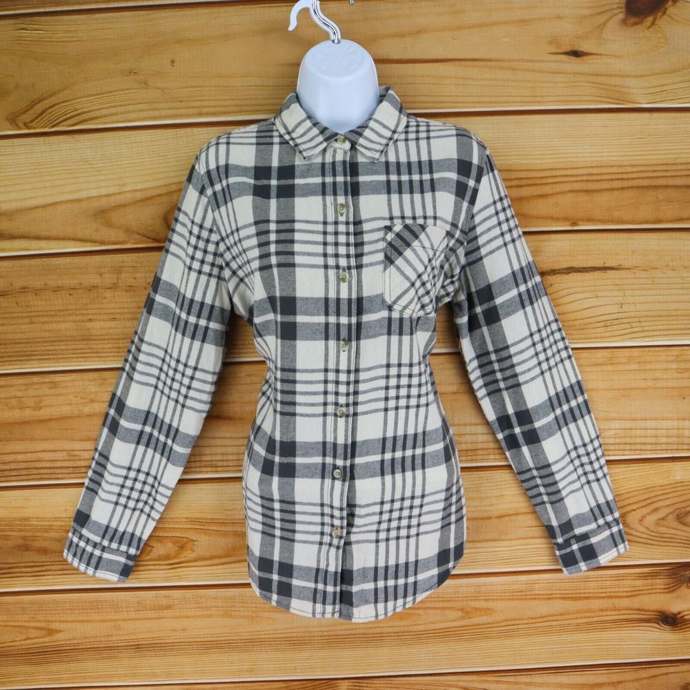 Field & Stream Button Up Shirt Womens M Gray Plaid Cotton Blend Collared Pocket
